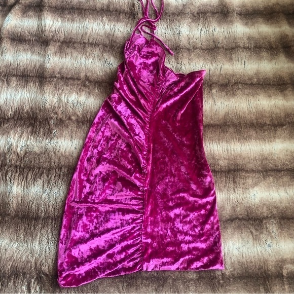 Wayf Crushed Velvet Magenta Mini Dress - Picture 3 of 11